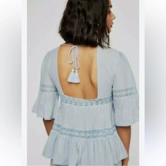 Free People Golden Hour Tie Back Flowy Blouse Blue Size Small - Picture 3 of 10